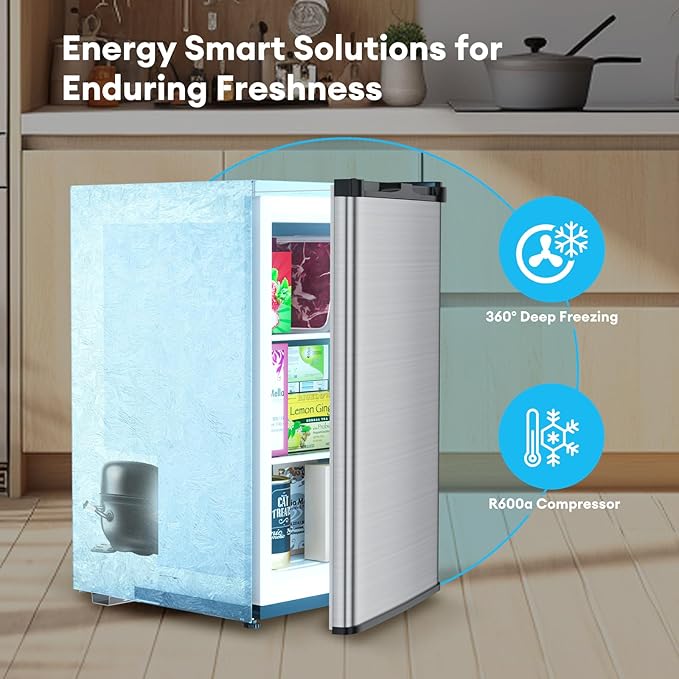 TABU 3.6 Cu Ft Upright Freezer, Freestanding Mini Freezer with 7 Adjustable Thermostat, Compact Freezer with Removable Shelves, Reversible Stainless Steel Door, Silver