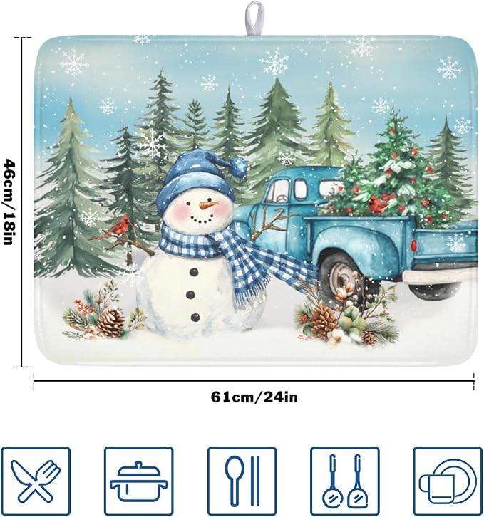 Giwawa Winter Snowman Blue Dish Drying Mat Xmas Truck Dishes Pad 18"x24" - Image 2