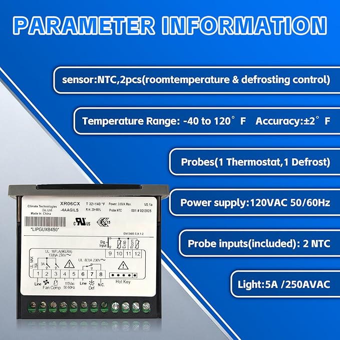 Replacement for Dixell XR06CX-4AAGILS Thermostat Temperature Controller, Programmable Digital Thermostat with Sensor Probe 120V 50-60hz Fit for Freezer/Refrigerator