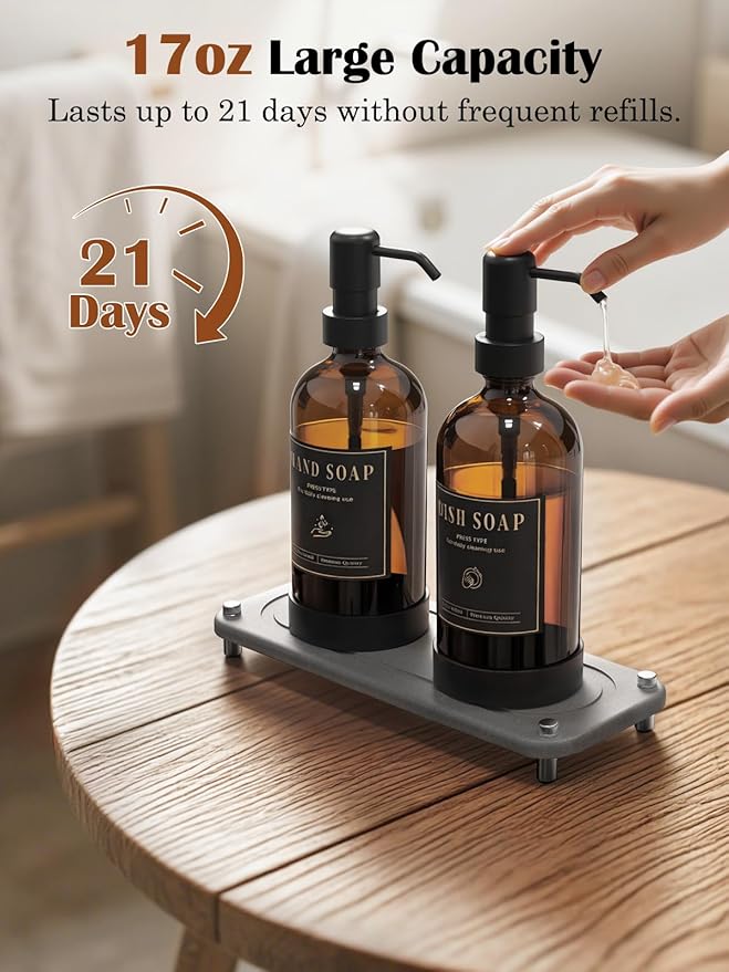 Luxspire 17 oz Glass Liquid Soap Dispenser Set, Amber + Dark Gray, 2 Pack | - Image 4