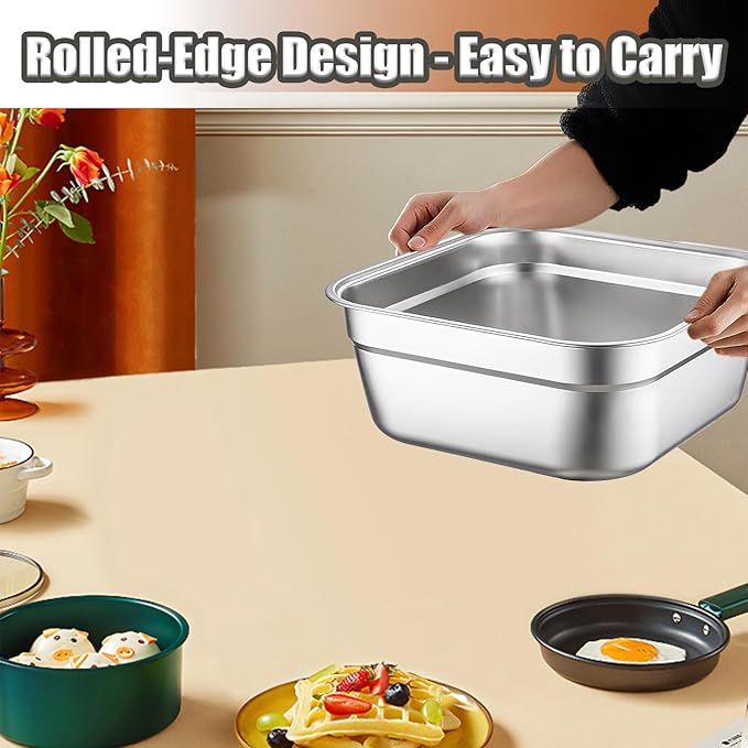 Stainless Steel Washing Up Bowls, 2PCS Square Dish Tub - Fruit Vegetable Washing Basin for Sink, Large Kitchen Containers & Sturdy Dishpans for Home Use, 12"