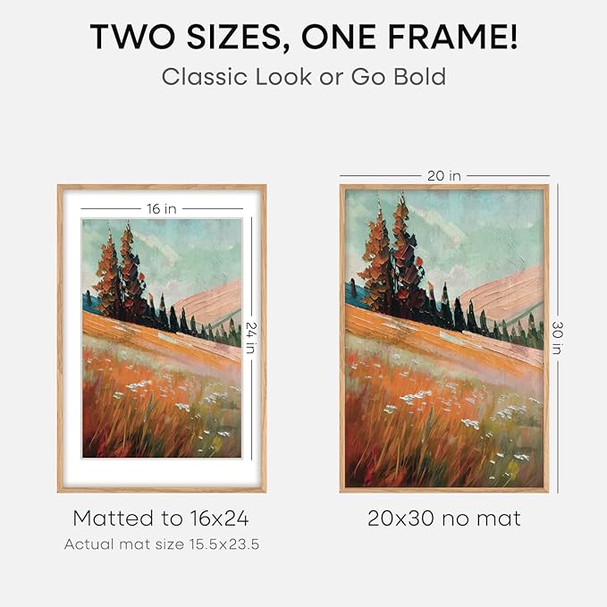 Homeforia 20x30 Picture Frame Wood, High End Natural Oak 20 x 30 Frame with Mat 16 by 24, 20x30 Light Wooden Poster Frames Matted to 16x24 Photo, 30by20 Large Frame, Tempered Glass, Wall Kit, Set of 3