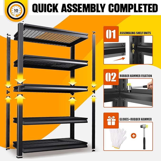 Garage Shelving 5-Tier Adjustable Metal Garage Shelves Heavy Duty Unit,3000 LBS Steel Shelf Storage Rack Suitable for Industries,Warehouses,Basement,Black(Wire-81''H x 45.7''W x 19.7''D)