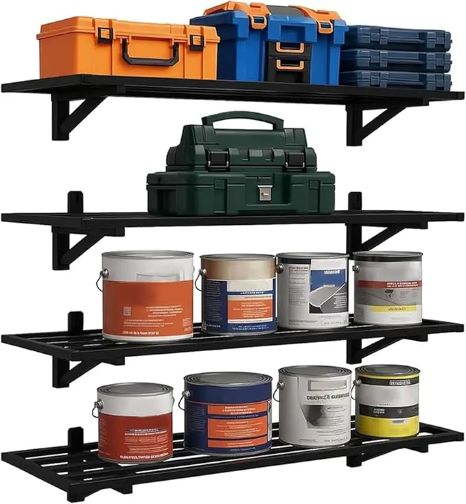 4 Pack 1.5x4ft Garage Shelving Wall Mounted, 792lbs Load Capacity, Adjustable PowerTool Organizer, Heavy Duty Storage Rack, Ideal for Warehouse, Garage, Black