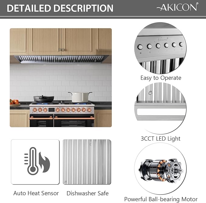Akicon 54 Inch Range Hood Insert with Heater Sensor, 1200 CFM Ultra-Quiet Stainless Steel Ducted Vent Hood Insert with 4 Speed Fan, Dimmable LED Lights and Dishwasher Safe Filters