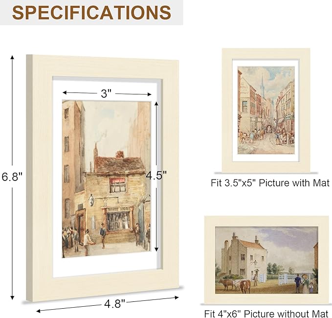 Vittanly 4x6 Picture Frame, Solid Wood Frame with Plexiglass, Includes 3.5x5 Mat, Wall Hanging or Tabletop for Home Decor, White, 1 Pack