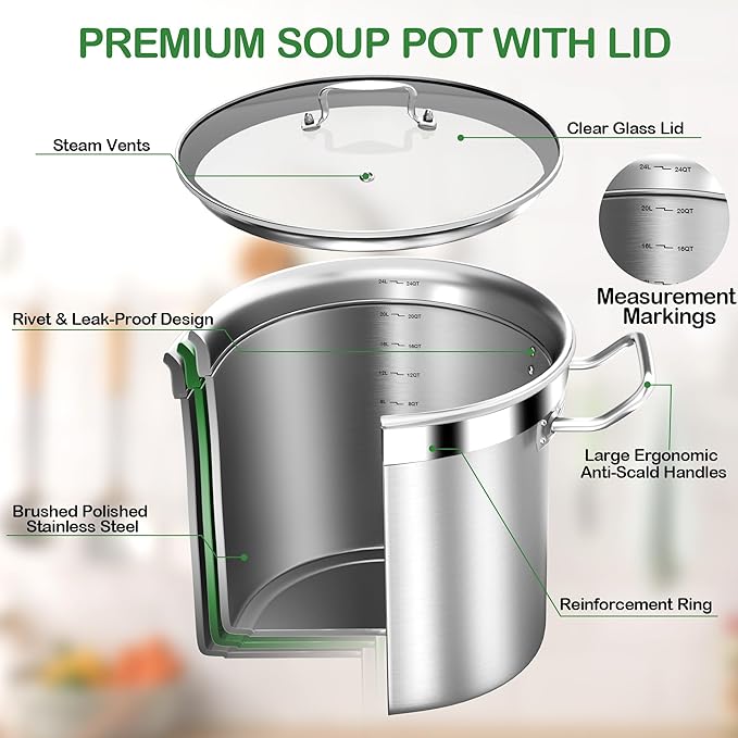 Stainless Steel 24 Quart Stockpot with Tempered Glass Lid, 3-Ply Base, 6 Gallon, Polished Finish, Suitable for Stovetop and Oven, Dishwasher Safe