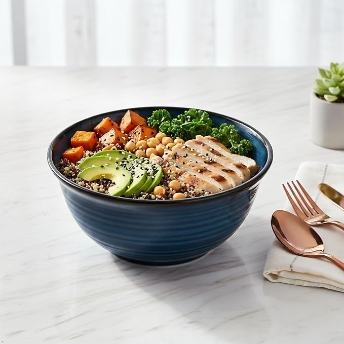 MEKY Serving Bowls, 9 Inch Large Ceramic Salad Bowls for Kitchen, 84 Ounce Mixing Bowl Set of 2, Perfect for Cooking Baking Soup Pasta Fruit and Popcorn, Microwave and Dishwasher Safe, Blue
