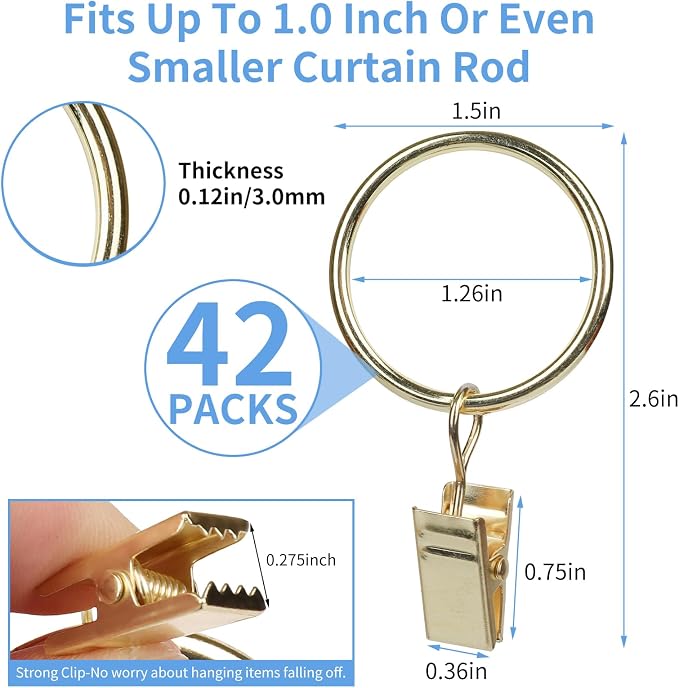 Curtain Rings with Clips, 42 Pack Metal Drapery Rings with Clips Hooks Hangers - Image 2