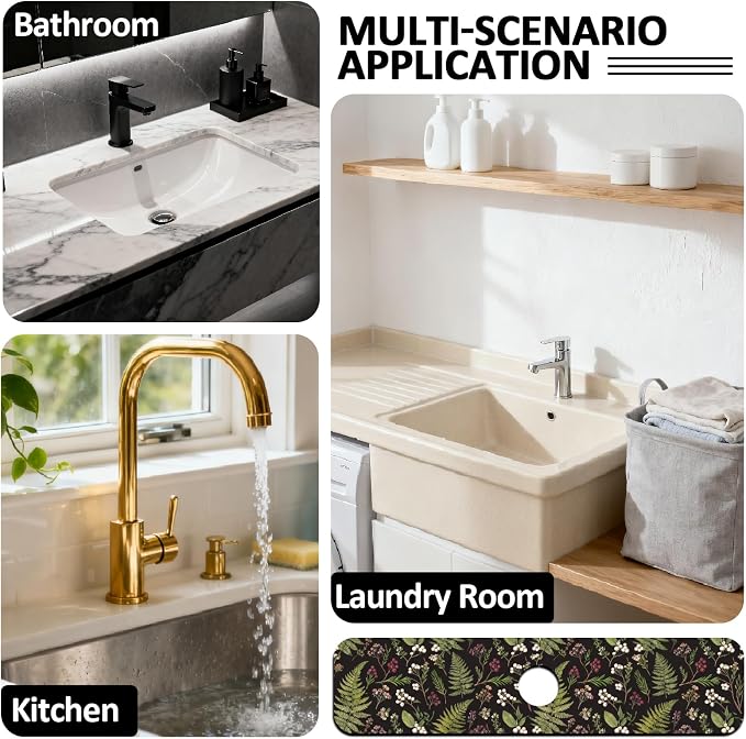 2 Pcs Kitchen Sink Splash Guard Faucet Mat Vintage Fern and Berries Pattern - Image 7
