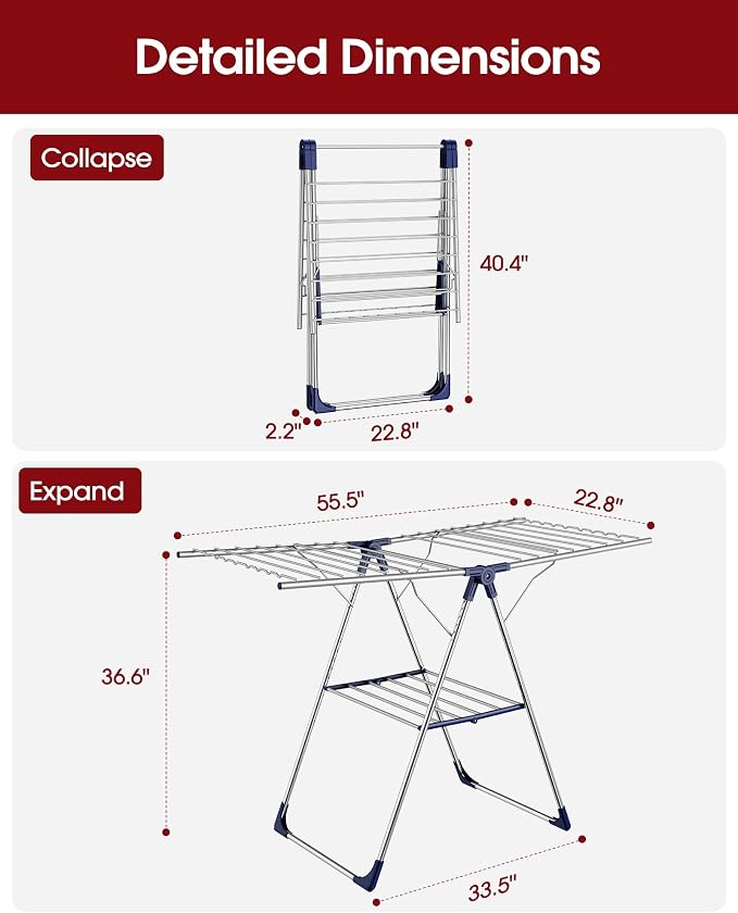 Sakugi Clothes Drying Rack, 55.5" Adjustable Wings, Foldable Design | Laundry - Image 6