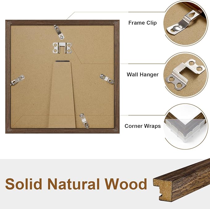 Vittanly 8x8 Picture Frame Set of 2, Solid Wood Frame for Wall or Tabletop, Display Photo 4x4 with Mat or 8x8 without Mat, Brown