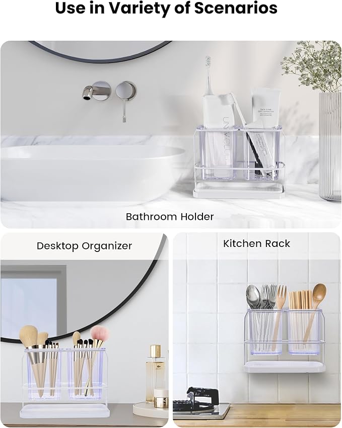 Clear Toothbrush Holders for Bathroom, 2 Cups Wall Mounted, Dry & Wet Separation - Image 7