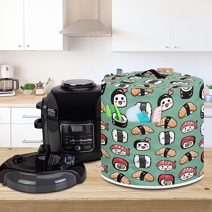 3 Quart Pressure Cooker Small Appliance Covers, Washable Dust Cover for Air Fryer Rice Cooker Kitchen Appliance Accessories with Storage Pockets, Sushi Print