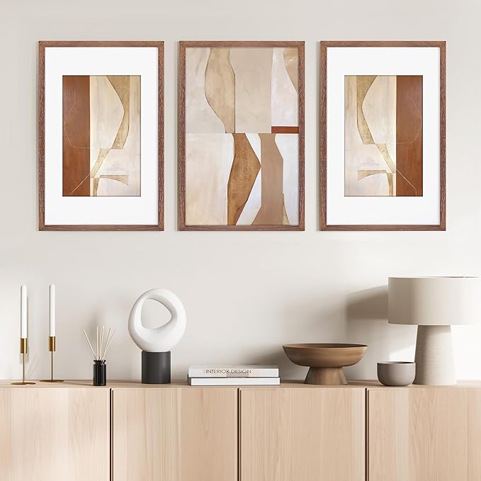 Fun Memories 11x17 Picture Frame Set of 3, Solid Oak Wood 11 x 17 Frames with Tempered Glass, 11x17 Frame Matted to 8x12, Rustic Wooden 11 by 17 Poster Frames for Wall