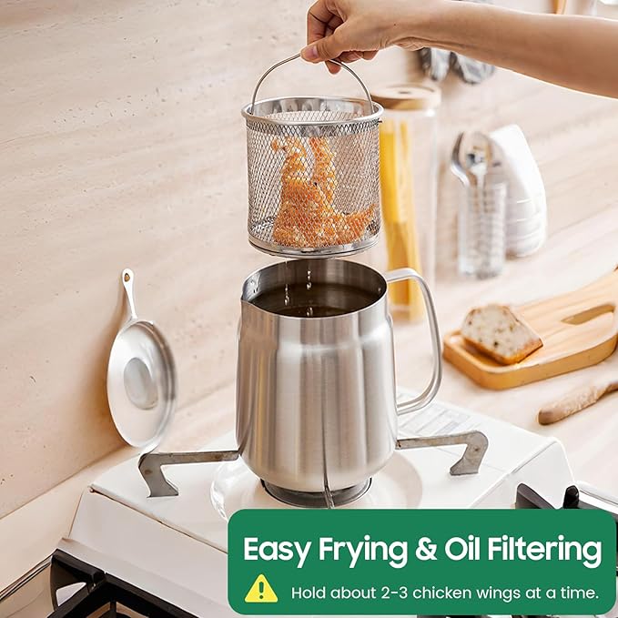 2-in-1 304 Stainless Steel Multifunctional Deep Fryer Pot with Basket & Strainer, Large Capacity Oil Filter Pot, Bacon Grease Container with Steel Pour for Kitchen, Camping, Cooking (68oz/2L)