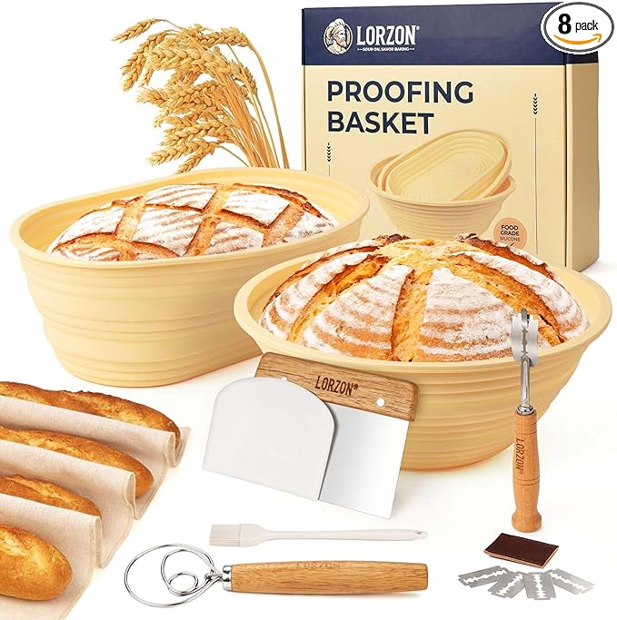 Silicone Banneton Bread Proofing Baskets Set of 2, 9" Round & 10" Oval Foldable Sourdough Proofing Baskets with Sourdough Bread Baking Supplies, Complete Bread Making Kit