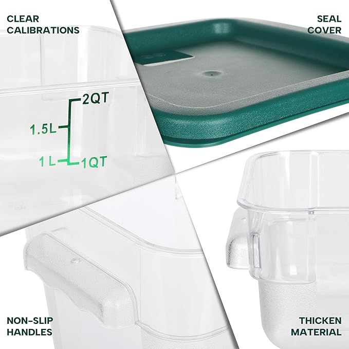 4 Pack Food Storage Containers, 2 Quart with Lids, Square Commercial Containers with Scale, NSF, Polycarbonate, Clear