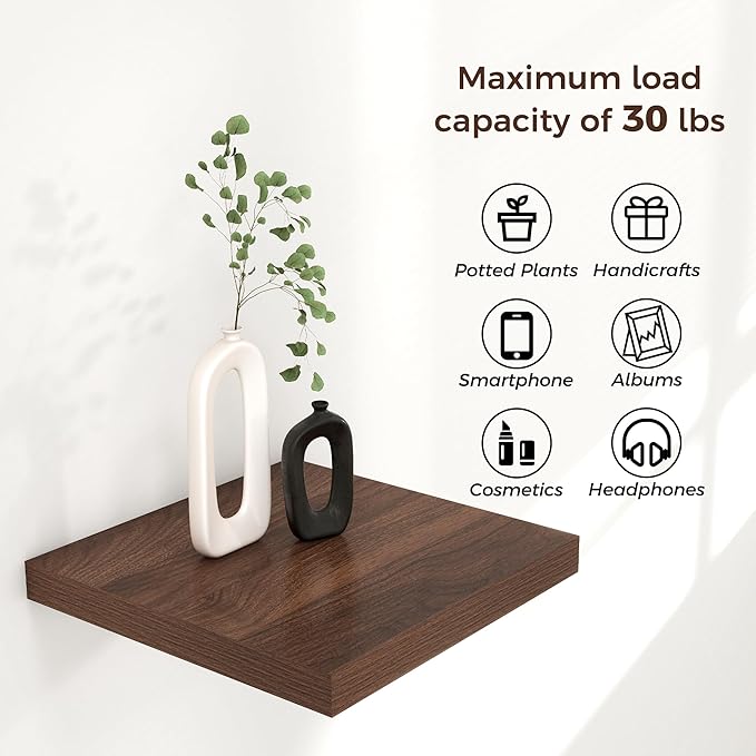 Square Floating Shelves for Wall12"W x 12"D x 1.2"H, Small Engineered Wood Wall Shelves with Invisible Brackets for Living Room Bedroom Bathroom Office Kitchen Storage Decor, Walnut Finish, Set of 3
