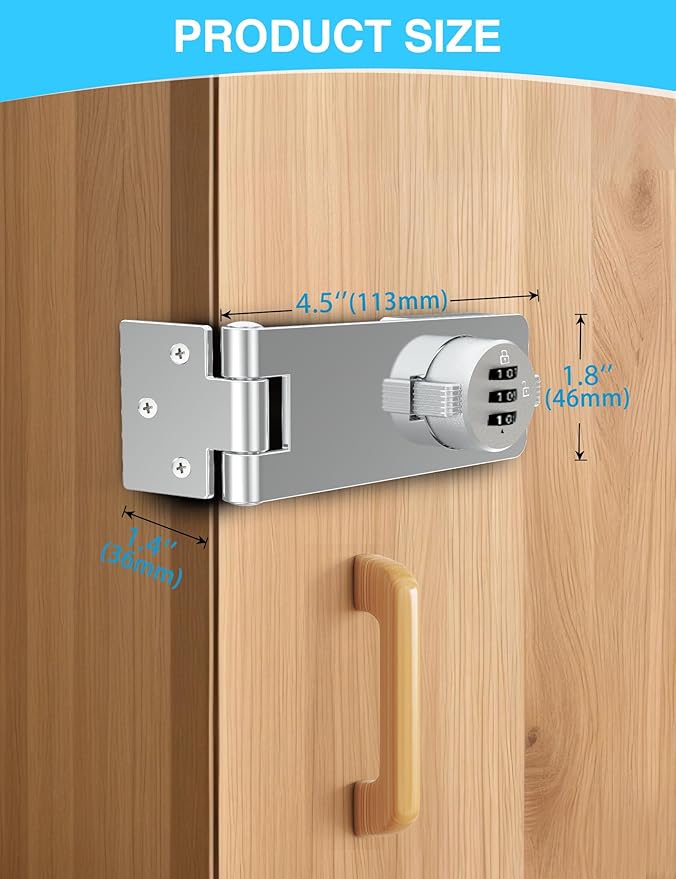 Keyless Cabinet Combination Lock, 3-Digit Password Twist Knob Hasp Latch for Doors, Cabinets, Drawers, Barn Door, Bathroom, Outdoor, Closet, Fence, Durable Zinc Alloy, (Silver, 1 Pack)