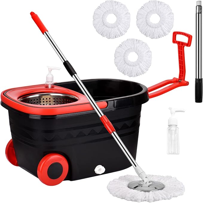 Spin Mop and Bucket with Wringer Set on Wheels, 3 Mop Heads by CooFel