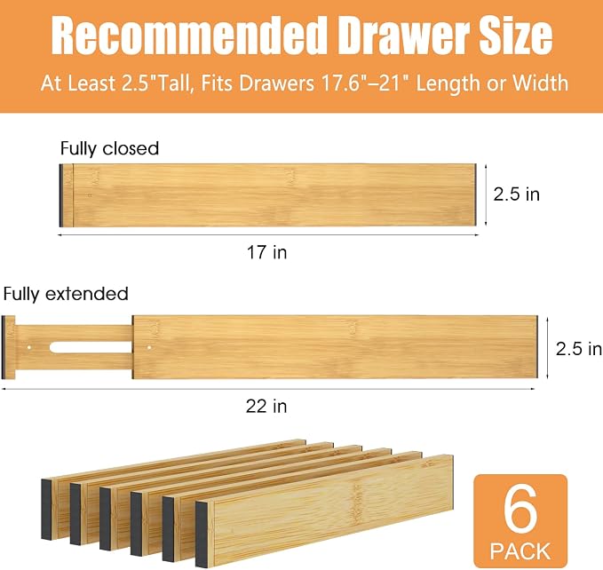 Bamboo Drawer Dividers, Adjustable Drawer Organizers, Fits 17.6–21" Drawers | - Image 3
