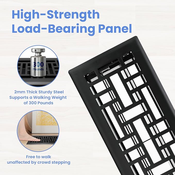 4x12 Inches 4 Pack Heavy Duty Walkable Floor Register - Easy Adjust Air Supply Lever Decorative Floor Vent Covers, Seattle Design Vent Covers for Home - Matte Black