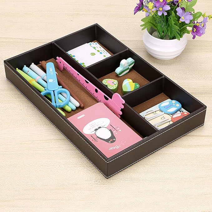 BTSKY 4 slots Desk Drawer Organizer, PU Leather Drawer Storage Organizer Divider - Image 3