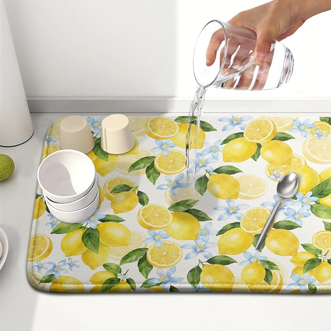 Kawani Lemon Dish Drying Mat 16x18 Inch Absorbent Reversible Summer Drying Mat - Image 6
