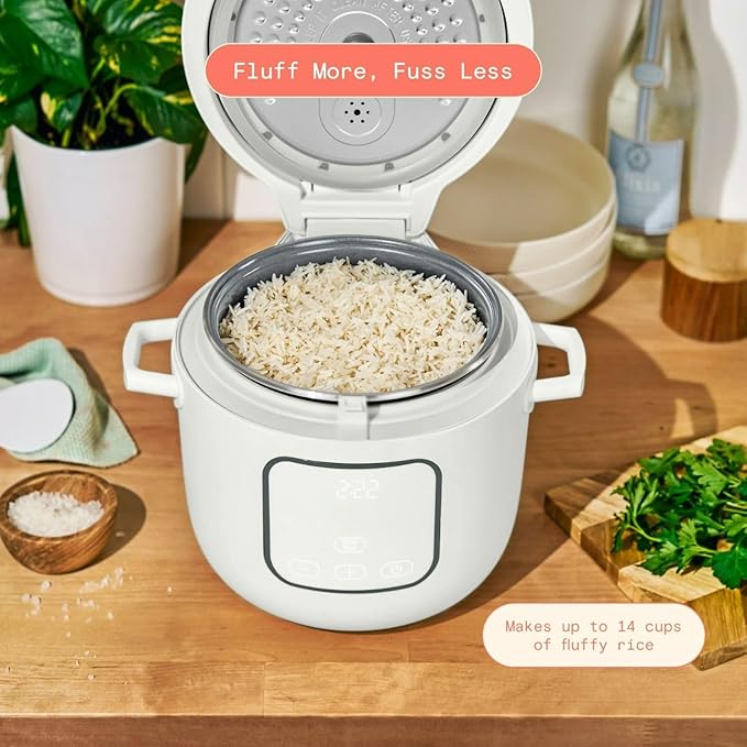 Beautiful 14-Cup Electric Rice & Grain Cooker, Ceramic Nonstick, 8 Presets, Slow Cook, Steamer Tray (White Icing)
