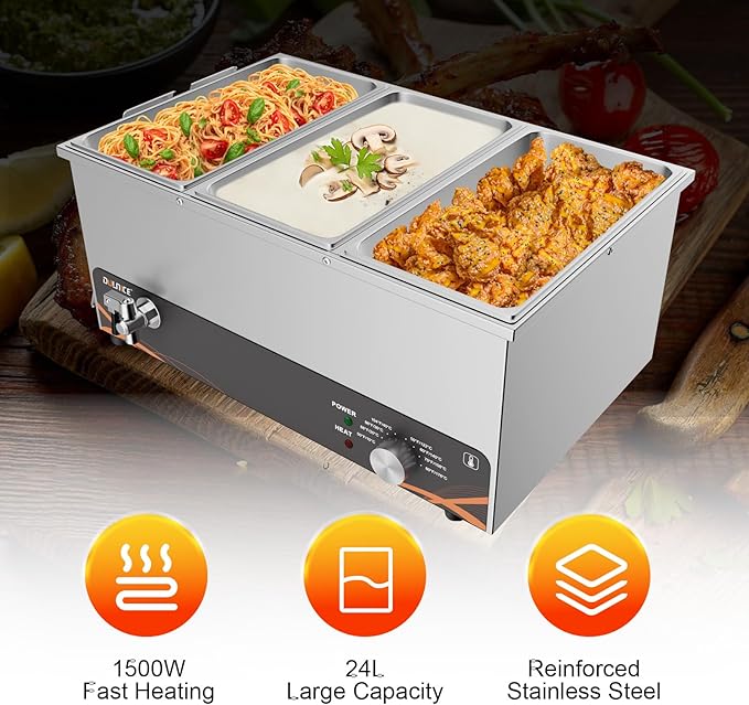 Commercial Food Warmer, 3 Pan 25QT Bain Marie Stainless Steel Electric Food Warmers, 1500W Buffet Warmer Soup Warmer with Temperature Control, Tap, Soup Spoon, for Catering Parties Restaurants