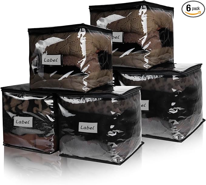 Clear Zippered Plastic Clothes Storage Bags, 6 Pack, Size: 12 x 12 x 12 Inch by Heonay