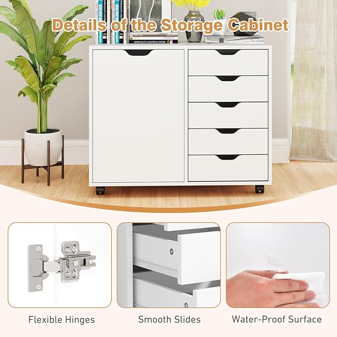 File Cabinet, White Filing Cabinet w/Universal Wheels, Printer Stand w/Door & Storage Drawers, Rolling File Cart for Home Office, Living Dining Room, Bedroom (White, 5 Drawers & 1 Door)