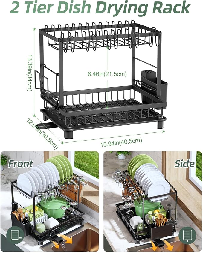 2-Tier Dish Drying Rack for Kitchen Counter, Space-Saving, Auto Drain Spout - Image 2