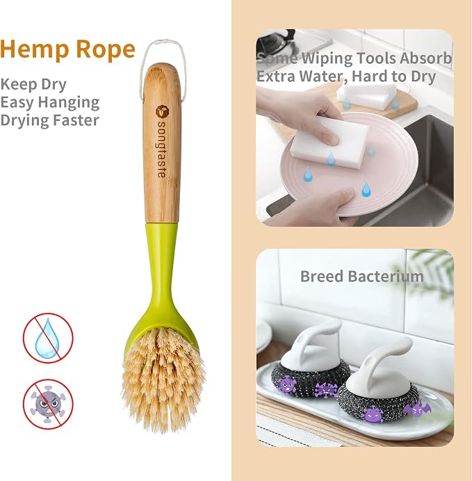 2 Pack Kitchen Dish Brush Bamboo Handle Dish Scrubber Built-in Scraper | Scrub - Image 2