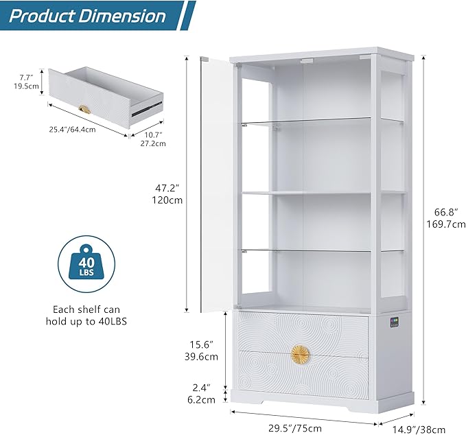 RGB Glass Display Cabinet with Door, 4-Tier Curio Cabinet with 2 Drawers and Adjustable Glass Height Showcase, Display Case with 3 LED Light and Human Body Sensor, White