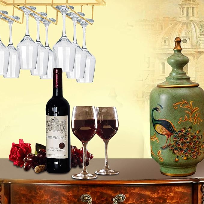 MOCOUM Under Cabinet Stemware Rack - Wire Wine Glass Holder with Storage for Cabinet, Kitchen, Bar