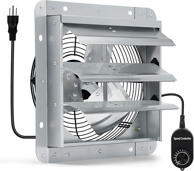 10 Inch Shutter Exhaust Fan with Speed Controller and Power Cord, Wall Mount Attic Fan for Greenhouses, Sheds, Garages, Chicken Coops, Barns Ventilation, 820 CFM