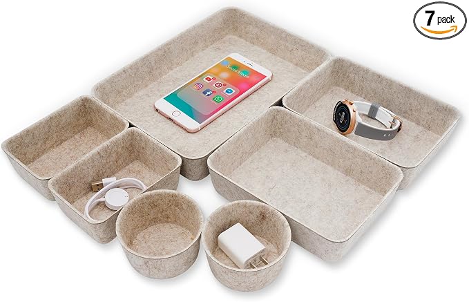 Welaxy 7pc Scandinavian Felt Desk Drawer Organizer Oatmeal Catchall Tray | by Welaxy