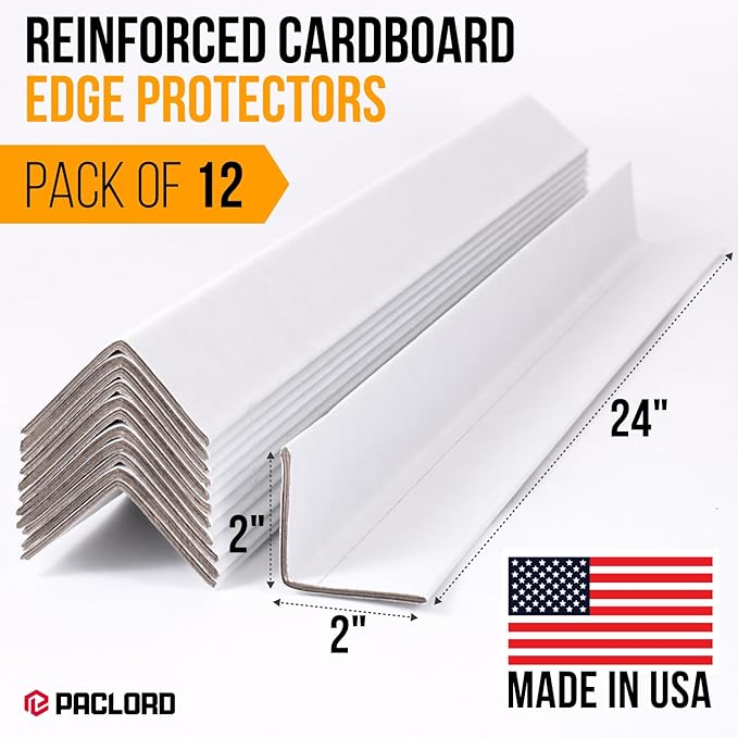 24" x 2" x 2" Reinforced Cardboard Edge Protectors, White (Pack of 12) – 0.12" Thick Medium-Duty Cardboard Corner Protectors for Shipping – American Quality V-Board Pallet Edge Protectors