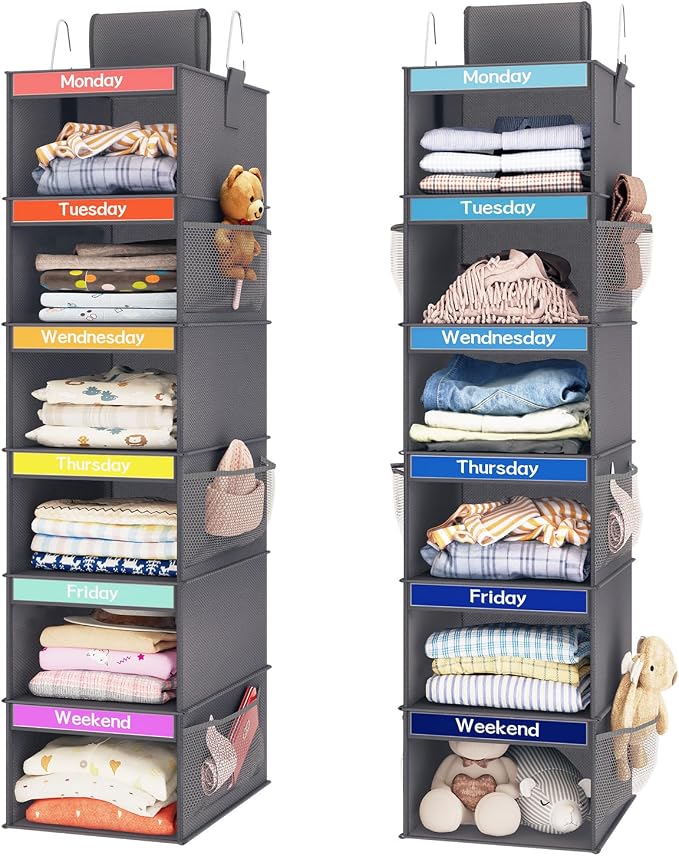 Fixwal Weekly Kids Clothes Organizer 2 Pack 6-Shelf Hanging Storage | Nonwoven by Fixwal