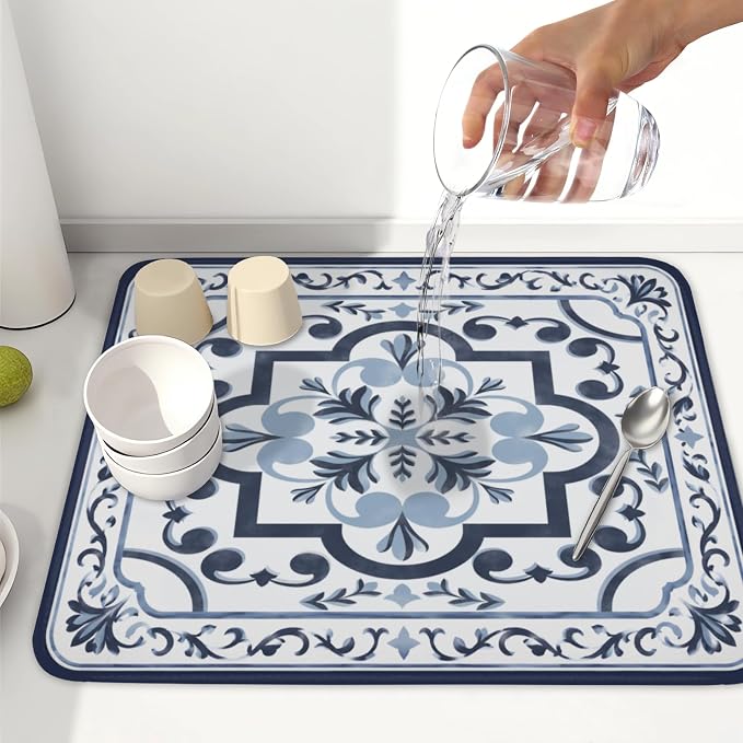 Giwawa Navy Flower Dish Drying Mat Modern Boho Microfiber Dishes Drainer Pad - Image 6