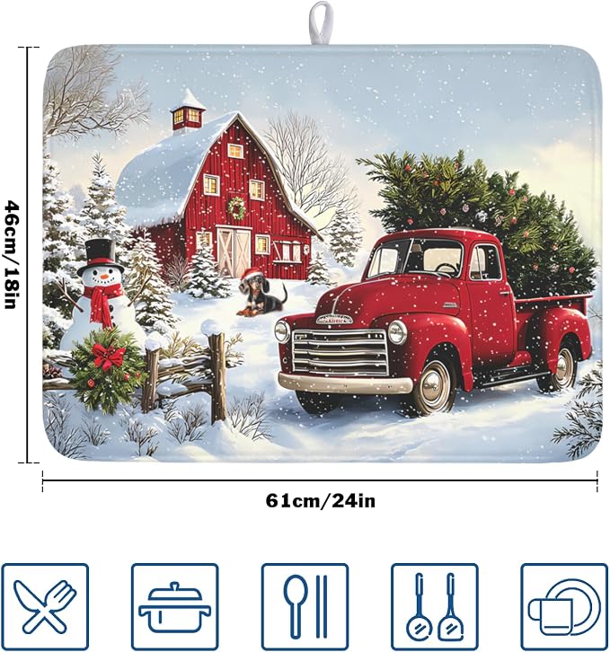 Giwawa Red Truck Dish Drying Mat Winter Xmas Tree Drainer Rack Pad 18"x24" - Image 2