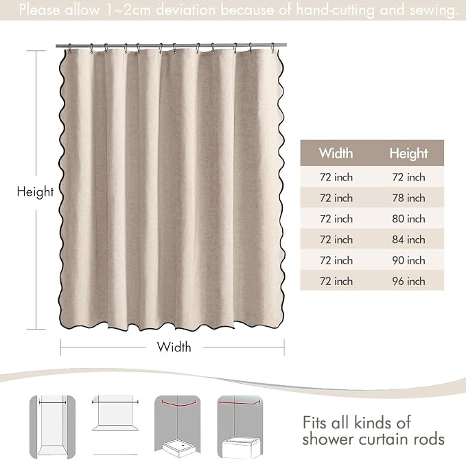 MIULEE 72"x90" Extra Long Scalloped Linen Shower Curtain Beige - Image 6