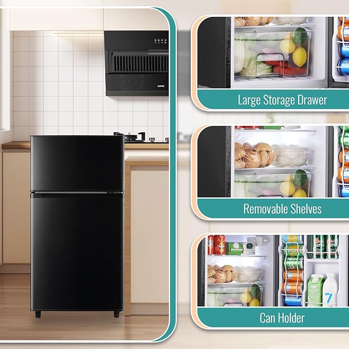 WANAI 3.5 Cu.Ft Mini Fridge with Freezer, Compact Refrigerator for Office, Dorm, Apartment, 7-Level Adjustable Thermostat, 2 Removable Shelves and Bakset, Small Fridge in Black