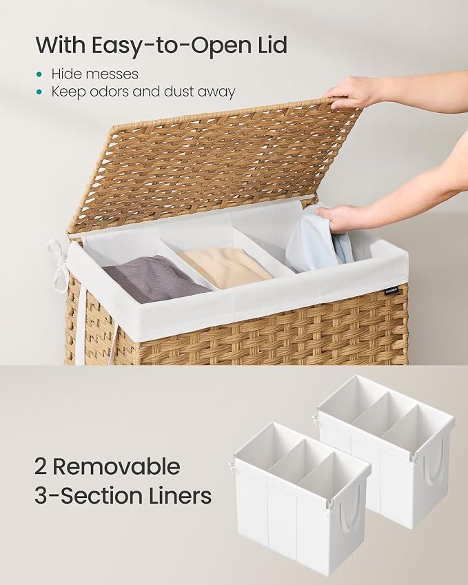 SONGMICS Laundry Hamper with Lid, 160L 3-Section Wicker Basket, 6 Mesh Bags - Image 3