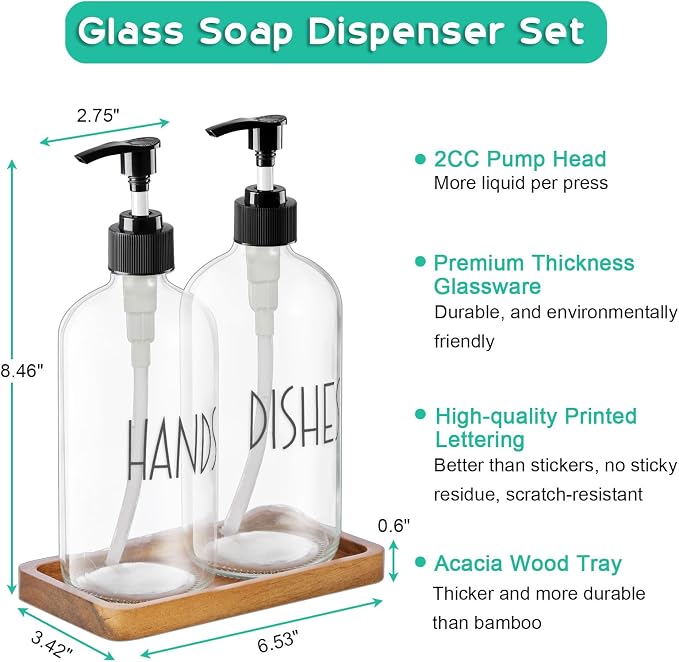 ALELION Glass Soap Dispenser - 16 OZ Clear Dish and Hand Soap Dispenser Set - Image 3