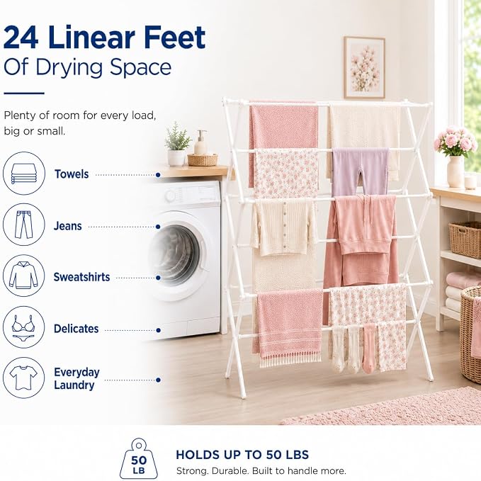 Honey-Can-Do Oversized Clothes Drying Rack, Extra-Wide 35", 50 lb, jeans & - Image 3