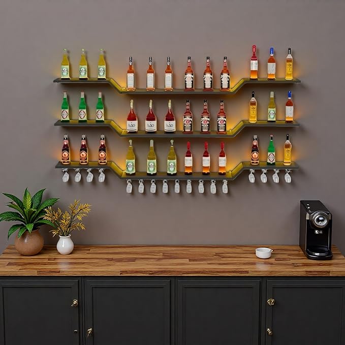 70.9" Wall Mounted LED Wine Rack, 3-Tier Floating Bar Shelves, Large Liquor Shelf with Wine Glass Rack, Large Bar Rack Wall Mounted for Liquor Bottles, Home Bar, Dining Room or Cafe, Black