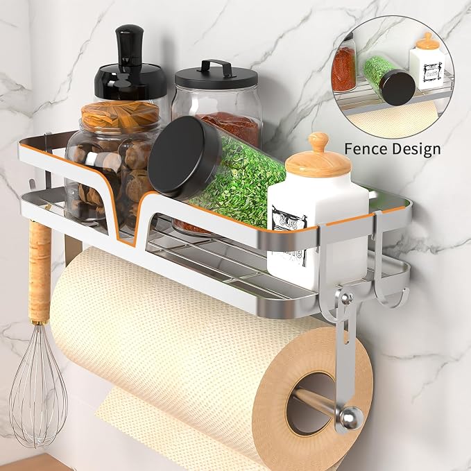 Taozun Paper Towel Holder with Shelf, Kitchen Paper Holder Wall Mount Spice - Image 3